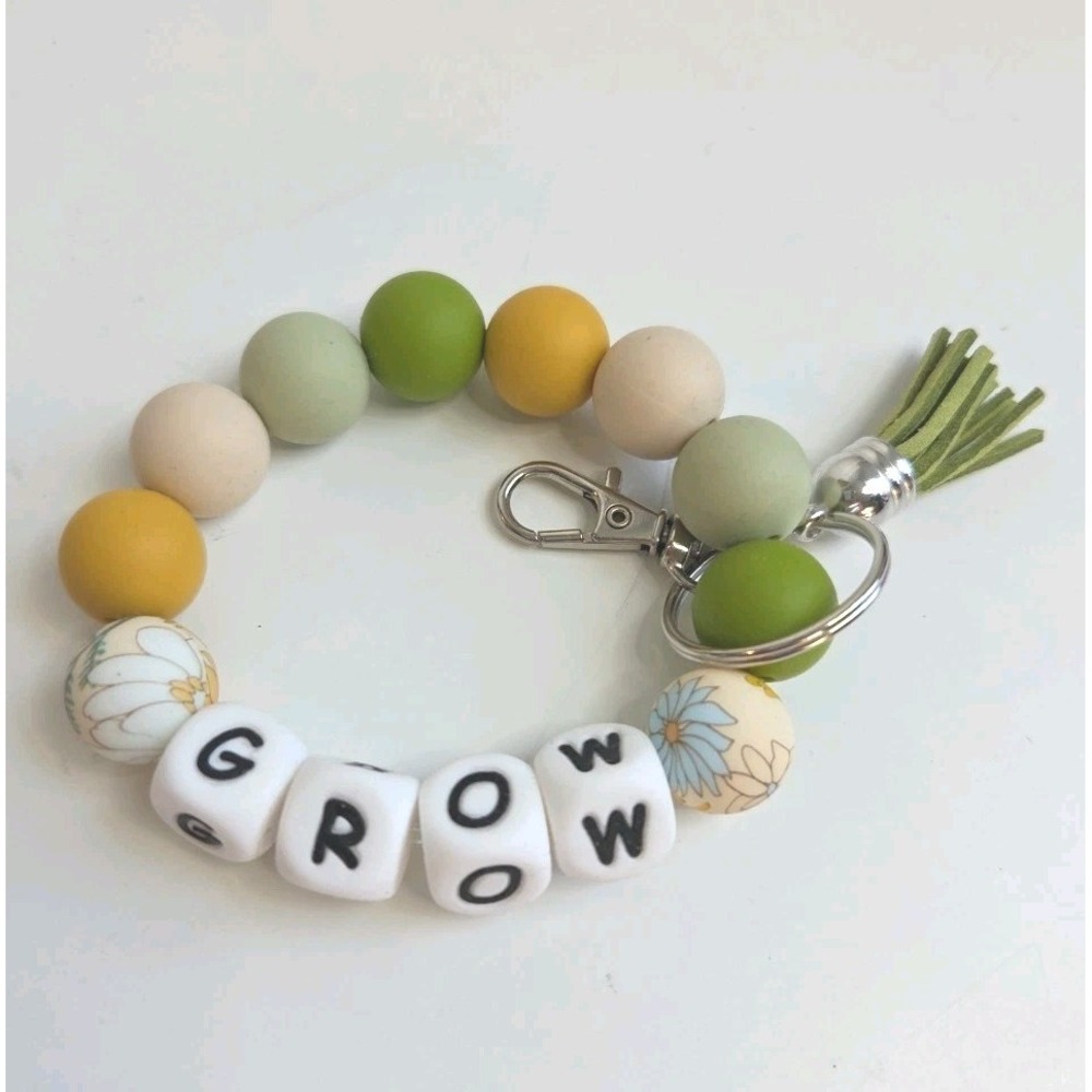 Bead Keychain GROW Floral‎  Ag Charm Tassle Rubber Bead Bracelet